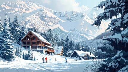 Snowy Mountain Village with Skiers