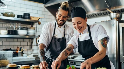 Happy chef working together in the kitchen of an upscale restaurant.