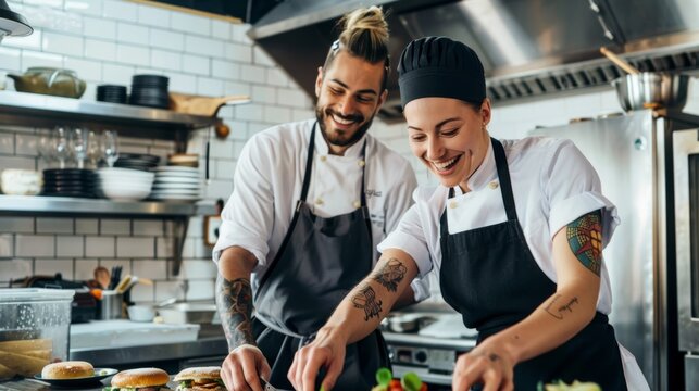 Happy chef working together in the kitchen of an upscale restaurant.