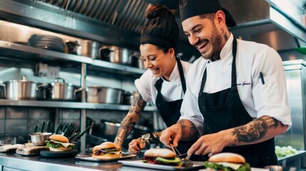 Happy chef working together in the kitchen of an upscale restaurant.