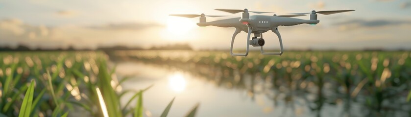 A drone is flying over a field of grass. The drone is white and is flying low to the ground. The sky is clear and the sun is setting, casting a warm glow over the field