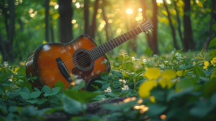 A brown acoustic guitar lies on the ground in a sunlit forest.