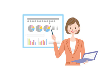 プレゼンするスーツの女性のイラスト　会社員　ビジネスイメージ