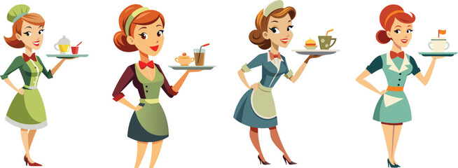 Smiling waitress holding a tray with teapot and cup