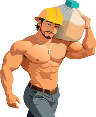 Strong construction worker carrying heavy stone on building site