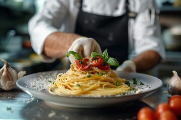 Chef Serving Pasta in Kitchen