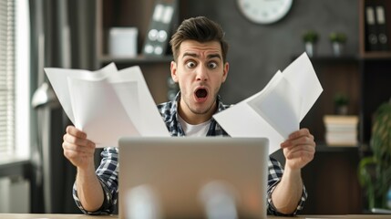 Stressed businessman confused expression with paperwork holding documents in office at desk.
