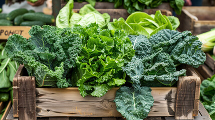 Fresh assortment of kale, chard, spinach and lettuce in wooden crates