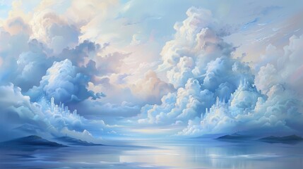 Naklejka premium A painting of a cloudy sky with a large body of water in the foreground. The sky is filled with clouds, and the water is calm and reflective. The mood of the painting is serene and peaceful