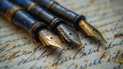 Three ornate fountain pens with gold nibs rest on aged paper filled with writing.