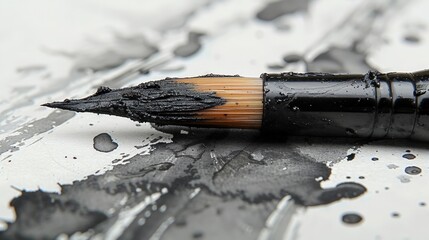 Obraz premium A black paintbrush tip, covered in dark gray paint, on a gray surface with paint splatters.