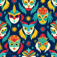 Naklejka premium Seamless pattern of carnival masks and face paint designs, Generative AI