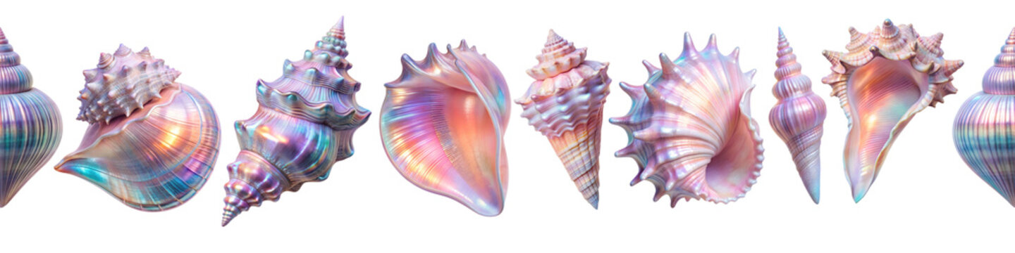 Seamless border of holographic shells with bright iridescent shine and fancy shape. Shells are located on a light background. Holographic texture of iridescent shell in pastel shades of blue and pink.