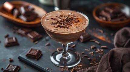 A chocolate-infused cocktail mix atop a black cutting board is surrounded by scattered chocolate pieces. The indulgent drink is garnished with chocolate shavings, presented in a short glass