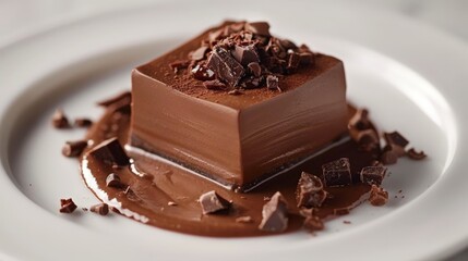 A decadent chocolate dessert sits on a white plate, The smooth, square chocolate confection is topped with chocolate shavings and surrounded by a pool of rich sauce