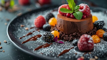 A decadent chocolate dessert is centered, topped with berries, and mint