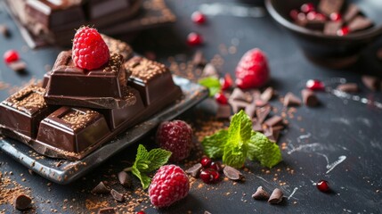 A dark chocolate bar is broken and scattered on a dark surface with raspberries and mint leaves