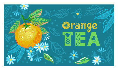 Vector hand drawn illustration of branches orange tree with fruit, leaves and flowers. Illustrations of bright ripe citrus fruit for package design