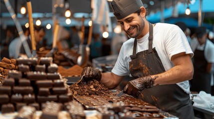 A man in a chef's hat smiles while working with chocolate. The workspace is filled with chocolate bars, creating a sweet and inviting scene