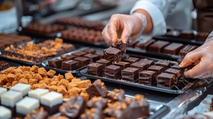 A person wearing gloves arranges freshly made chocolates on trays