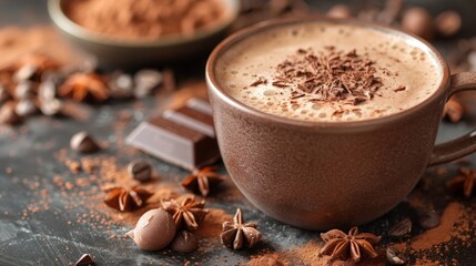 Close-up of a latte in a brown mug, topped with chocolate shavings. Anise, coffee beans, and a chocolate bar add to the cozy feel