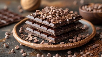 Stacked dark chocolate bars on a plate, topped with chocolate chips. A small bowl of chocolate chips and cocoa powder sprinkles enhance the presentation