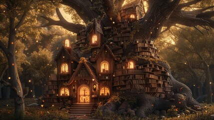 A magical treehouse nestled among the forest. Its windows glow warmly, hinting at chocolate-themed stories within