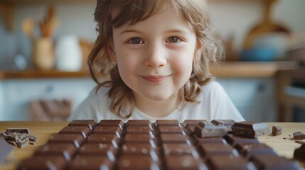  a child with wavy hair smiles at a large chocolate bar
