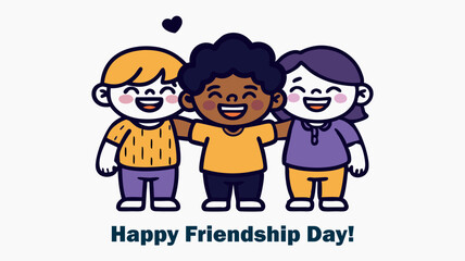 Happy children celebrating Friendship Day. Text: 'Happy Friendship Day!'. Bright colors: purple, yellow, orange