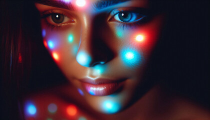 Close-up of a face illuminated by colorful light patterns