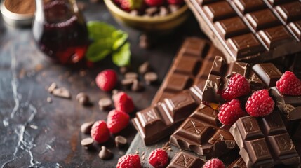 A product image shows broken pieces of dark chocolate and fresh raspberries scattered on a dark...