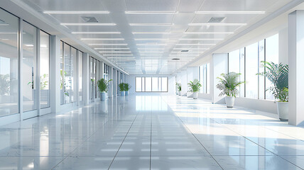Blank office environment rendered in 3D, high-resolution view of a business hall,