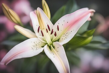 Fototapeta premium Oriental lily flower bokeh background, AI Generated