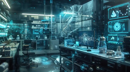 advanced biotech lab where scientists use digital interfaces to manipulate genetic data and engineer new medical treatments