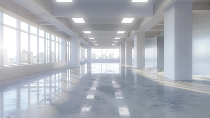 3D rendering of a blank business hall, high-resolution empty office with minimalistic design,