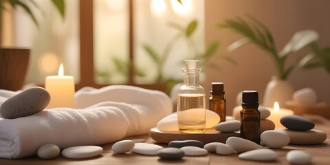 A spa scene with a glass bottle of essential oil, a white towel, and smooth stones on a wooden surface. The background is blurred with warm, natural lighting generative ai