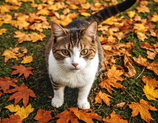 Cat sitting amidst a carpet of fallen autumn leaves. Outdoors in the garden during fall. Seasonal vibes. Autumn tranquility. 