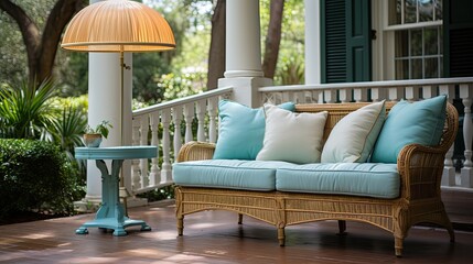 a porch with fan and furniture.  