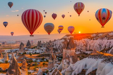 Colorful hot air balloons soar over mountains and meadows during a picturesque sunset