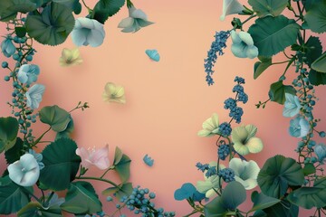 Blue and Yellow Flowers with Green Leaves on Peach Background