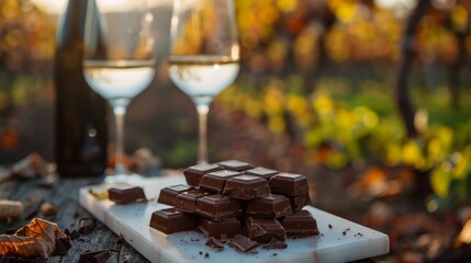 Two glasses of white wine, a block of dark chocolate, and autumn leaves