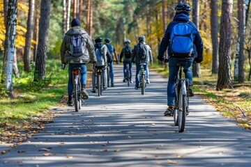 Group of friends enjoying a leisurely bike ride through the serene and scenic forest