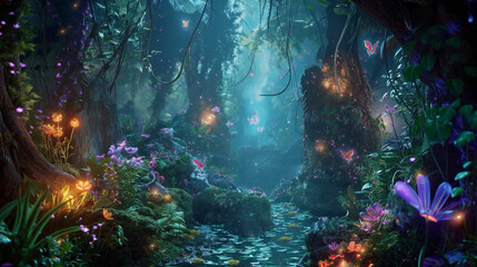 Enchanted Forest with Magical Creatures: An enchanted forest, filled with vibrant, glowing flora and magical creatures like fairies and unicorns, depicted in a dreamy, fantastical style. 