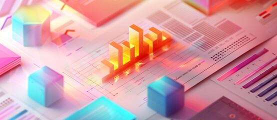 Fototapeta premium A colorful bar graph and isometric cubes on an architectural blueprint,