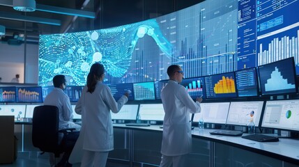 advanced data analysis lab where data scientists work on large-scale simulations and predictive modeling on curved displays