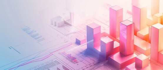 Fototapeta premium A colorful bar graph and isometric cubes on an architectural blueprint,
