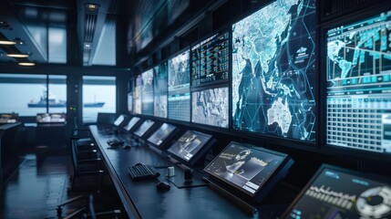 advanced maritime control center where officers use digital mapping and AI to navigate ships and monitor maritime traffic