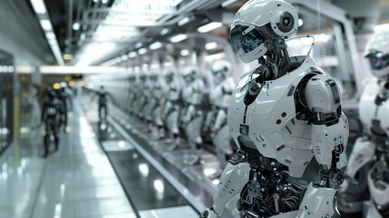 Fototapeta premium AI and Robotics: Advanced humanoid robots interacting with humans in a high-tech environment.