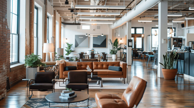 Modern Workspace: Sleek and modern coworking space with contemporary furniture and collaborative areas.