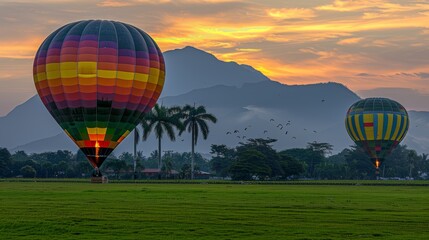 Obraz premium Colorful hot air balloons gracefully flying over majestic sunset mountains and lush green meadows